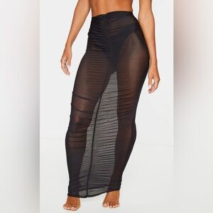 BNWT prettylittlethings black ruched mesh midi beach skirt
